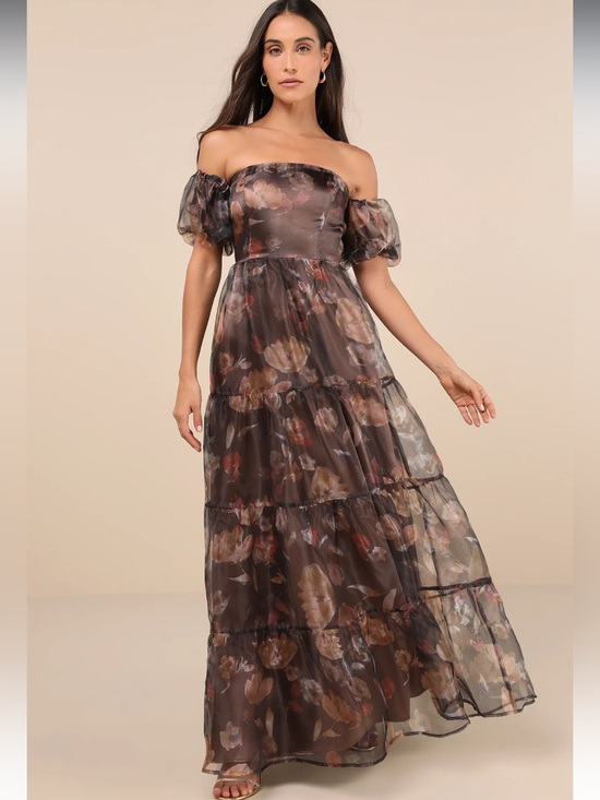 Lulus Dresses & Skirts - Lulus Exquisite Brown Finesse Floral Organza Off The Shoulder Maxi Dress NWT XL